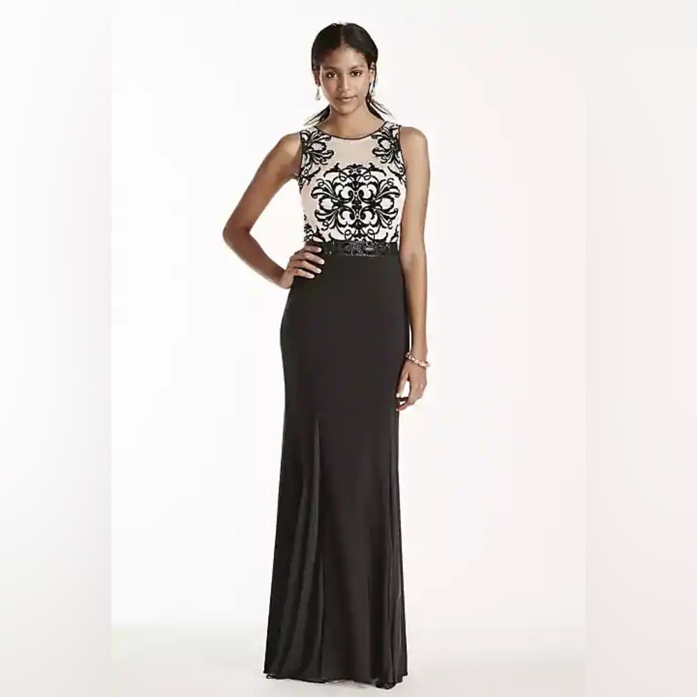 BETSY AND ADAM
flocked tank bodice jersey dress with beaded sash